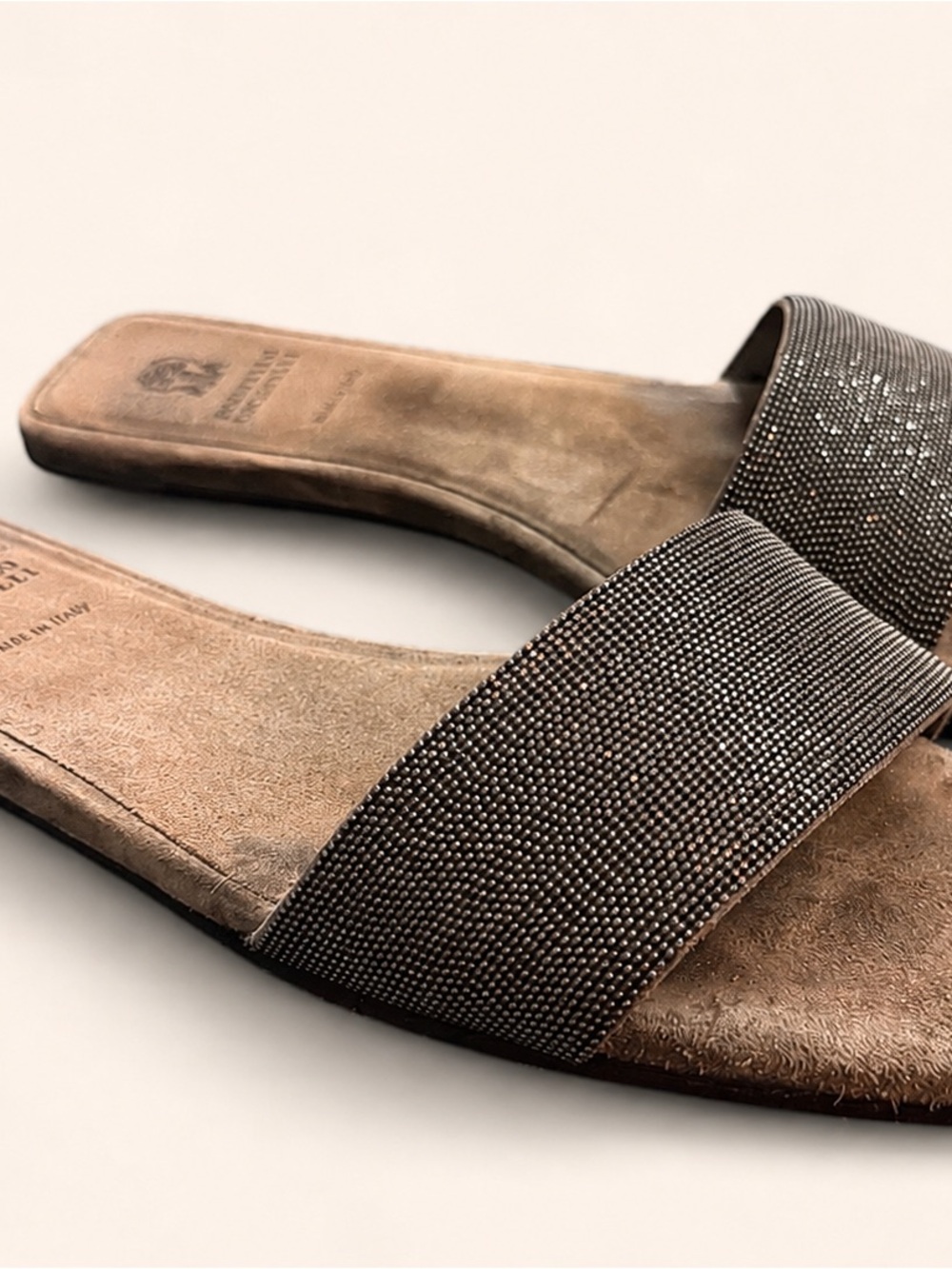 Brunello Cucinelli Monili Suede Slide Sandals
